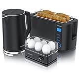 Arendo - Wasserkocher mit Toaster SET und Eierkocher, Edelstahl Schwarz Wasserkocher 1,5L 40° - 100°C Toaster 4...