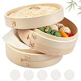 Steamer Bamboo 20 cm 2 Tier Bamboo Steamer for Rice, Dim Sum, Vegetables, Fish and Meat - Dumpling Maker with 5...