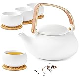 ZENS Teeservice mit Sieb, 800ml Holzgriff Matt Japanische Teekanne Keramik Weiß mit 4 Tassen und Rattan...