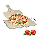 Relaxdays Pizzastein Set 1,5 cm Stärke mit Metallhalter und Pizzaschieber aus Holz HBT 1.5 x 38 x 30 cm...