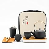 fanquare Japanisches Tragbare Reise Tee Set mit Reisetasche, Schwarz Porzellan Tee Service mit Teekanne, Mini...