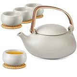 ZENS Teekanne mit Sieb, 800ml Holzgriff Matt Japanische Teeservice Keramik mit 4 Tassen und Rattan Untersetzer für...
