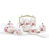 fanquare 21 Teilig Porzellan Europäisches Teeservice, Rosa Rose Keramik Kaffeeservice, Hochzeit Tee Service für...