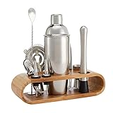 Amazon Basics 10-Piece Stainless Steel Bar Tools Set with Bamboo Stand Holder