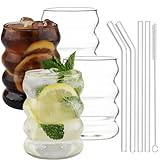 Vexillic Gerippte Trinkgläser mit Glasstrohhalmen, Cocktailgläser 4er Set 350ml Eiskaffee Gläser Bubble für...