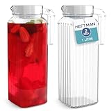 HEFTMAN Glas Wasserkrug für Kühlschrank - 2 Pack (1 Liter) Wasserkrüge mit Deckel mit geripptem Design,...