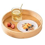 Bambus-Serviertablett, Rundes Tablett Holz mit Griffen und erhöhter Rand, Servierplatte für Lebensmittel Kaffee...