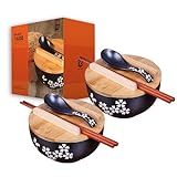 Japanisches Ramen Schüssel 1000ML Keramik Suppenschüssel Schwarzes Ramen Bowl Set,Inkl. Stäbchen, Deckel und...