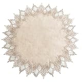 URROMA Runde Deckchen aus Leinen, 60 x 60 cm, beige Tischdecke mit Spitzenbesatz, Couchtischdekoration, Tischdecke...