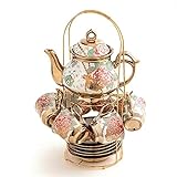 Gold Plated Red Rose Ceramic Tea Set, Vintage Tea Set with Teapot, Beautiful Tea Set Coffee Serving 6 People...