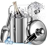 Foonii Eiswürfelbehälter, Edelstahl Eiskübel mit Deckel und Zange/Eisschaufel/Abtropfsieb,100% BPA Frei I...