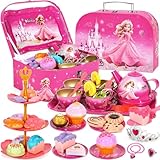 EUZLABBY 52 Teiliges Teeparty Set,Teeservice Kinder,Tin Teekannen-Set,Prinzessinnen Tee Zeit Spielküchen Spielzeug...