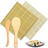 Pinsheng Bambus Sushi-Kit, Sushi Roll-Kit 4 Teilig Natürliche Bambus Rollen Matte Sushi-Matte Inklusive 2...