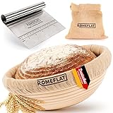 ROMEFLAT – Premium Gärkörbchen Set rund [Ø 22cm] mit Motiv für selbstgemachtes Brot inkl. Leineneinsatz,...