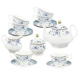 fanquare 21 Stück Porzellan Teeservice, Blau Blumen Tee Set, Englische Kaffeeservice Set mit Teekanne, Teetasse...