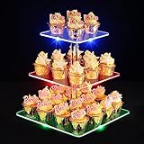 3 Etagen Cupcake Ständer, Ulifeme Wiederaufladbarer LED-Licht Quadrat Transparenter Dessert Tortenständer für...