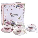 London Boutique Teeservice aus Porzellan, Kaffeetassen/Teetassen mit Untertassen, Vogel-, Blumen- und...