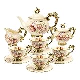 fanquare 15 Stück Rose Blumen Englische Keramik Tee Sets, Vintage China Kaffee Set, Tee Service für Erwachsene