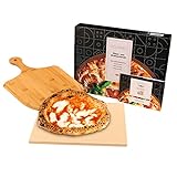 GOURMEO Pizzastein Set mit Bambus-Schaufel - 38x30cm Eckig - Cordierite Pizza Stein für Backofen, Gasgrill & Grill...