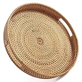 SARGE Dekorative gewebte Pouf-Tabletts aus rundem Rattan mit Griffen für natürlichen Couchtisch